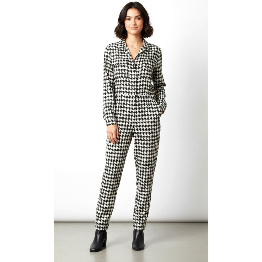La Prestic Ouiston Silk Houndstooth Rico Jumpsuit Long Sleeve Pockets Black 1 S
